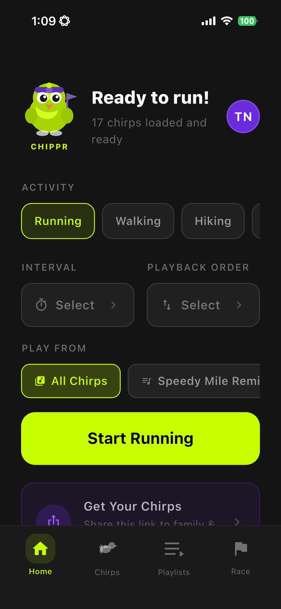CHIRPSTR home screen
