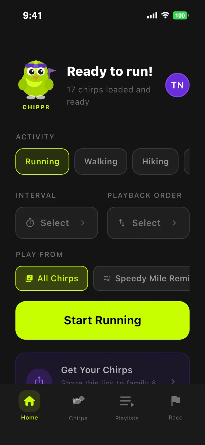 CHIRPSTR home screen